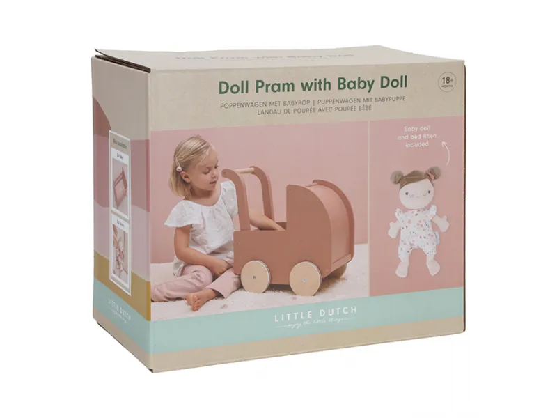 Little Dutch wooden doll pram incl. textiles and doll FSC